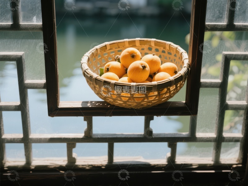 高清大图下载【趣麦麦图】窗前竹篮盛满橙色果实