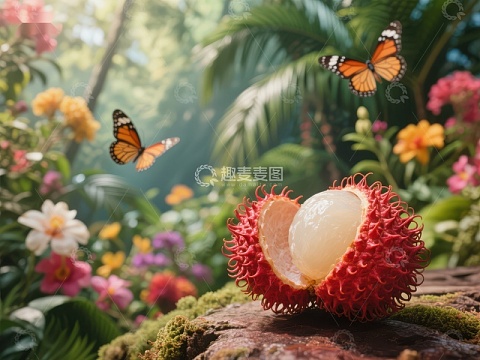 热带花园中的荔枝与蝴蝶