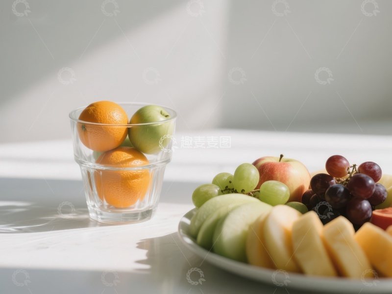高清大图下载【趣麦麦图】新鲜水果组合，玻璃杯与盘中摆放