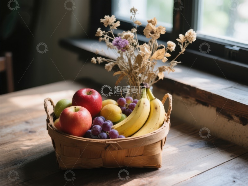 高清大图下载【趣麦麦图】窗边果篮与干花装饰