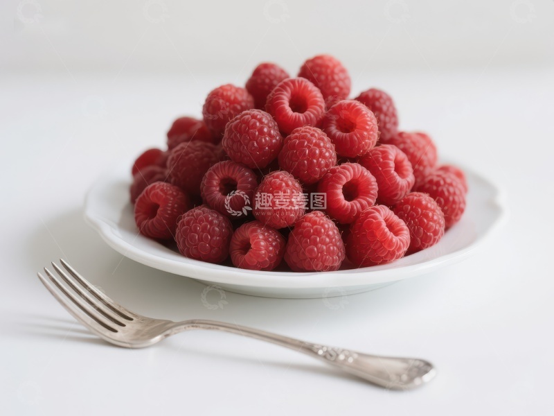 高清大图下载【趣麦麦图】新鲜覆盆子堆放在白色盘中