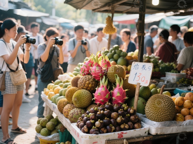 市场摊位展示各式热带水果