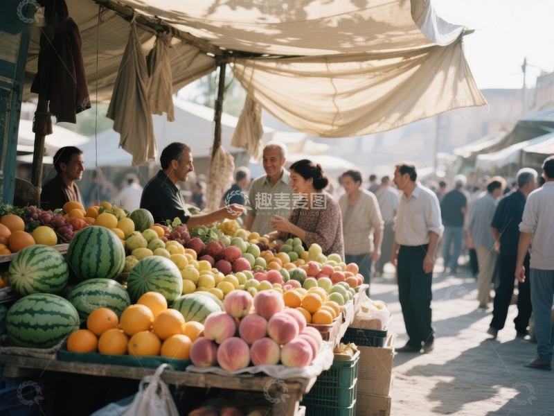 市场摊位前的水果交易