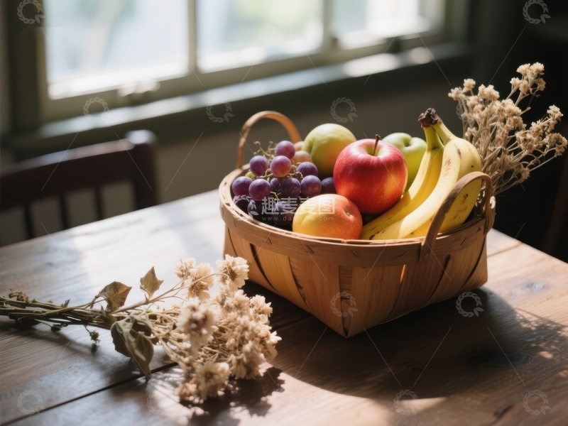高清大图下载【趣麦麦图】窗边木桌上摆放的水果篮