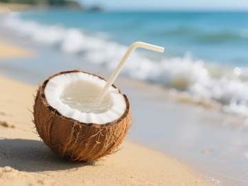 海滩上的椰子与吸管