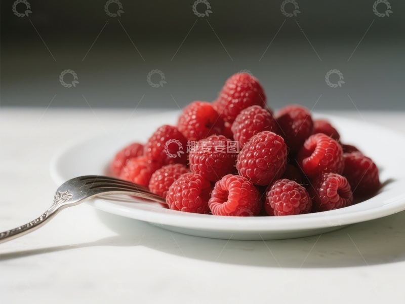 高清大图下载【趣麦麦图】新鲜覆盆子堆放在白色碟子上