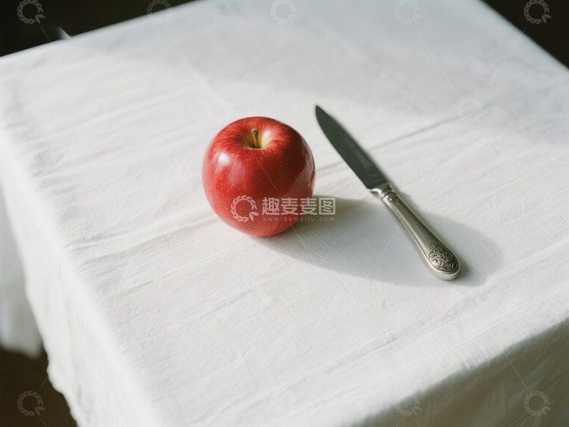 高清大图下载【趣麦麦图】红苹果与刀置于白布之上