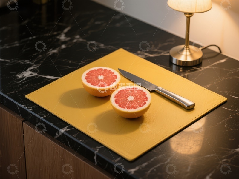 高清大图下载【趣麦麦图】切开的柚子与刀具置于黄色砧板上
