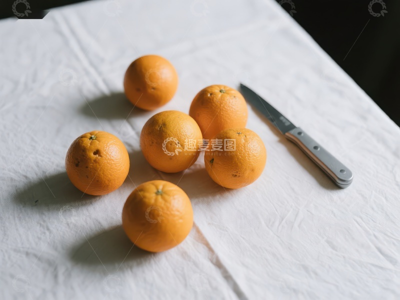 高清大图下载【趣麦麦图】橙子与刀具静置白色布上