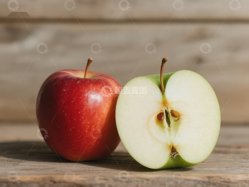 高清大图下载【趣麦麦图】红绿苹果对比，一半切开展示