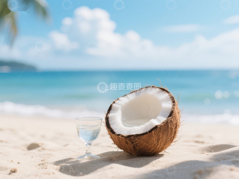 高清大图下载【趣麦麦图】海滩上的椰子与清水