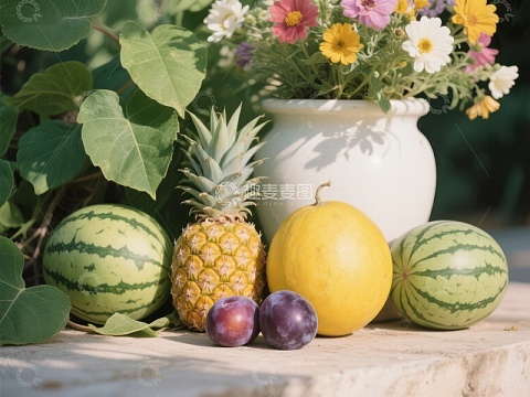 夏日水果与花卉静物