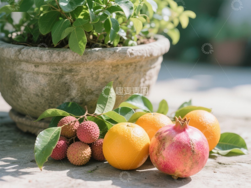 高清大图下载【趣麦麦图】新鲜水果与绿植的自然组合