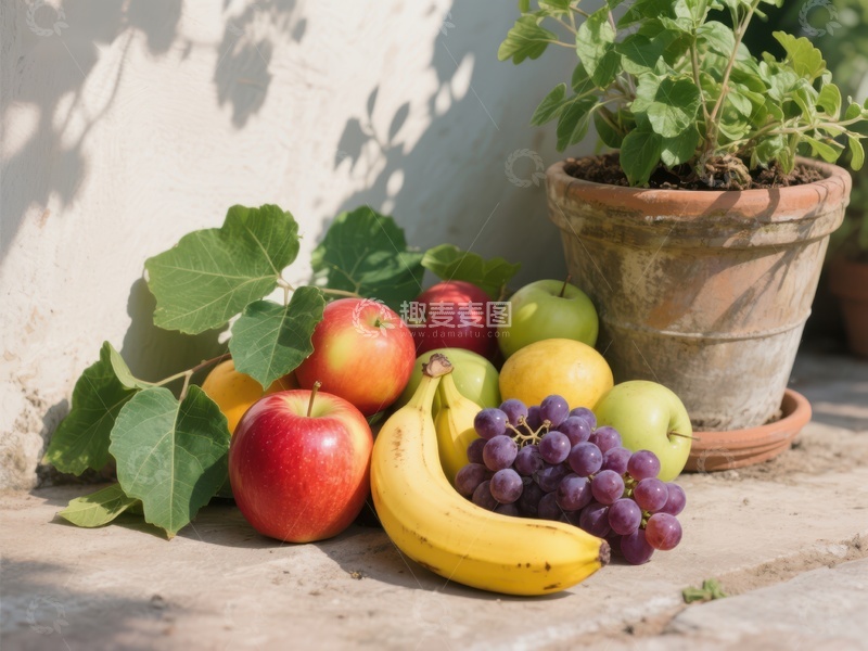 高清大图下载【趣麦麦图】新鲜水果与绿植的静谧组合