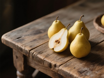 木桌上摆放的成熟梨子