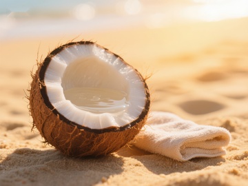 沙滩上的椰子与毛巾