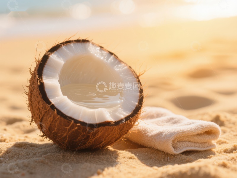 高清大图下载【趣麦麦图】沙滩上的椰子与毛巾