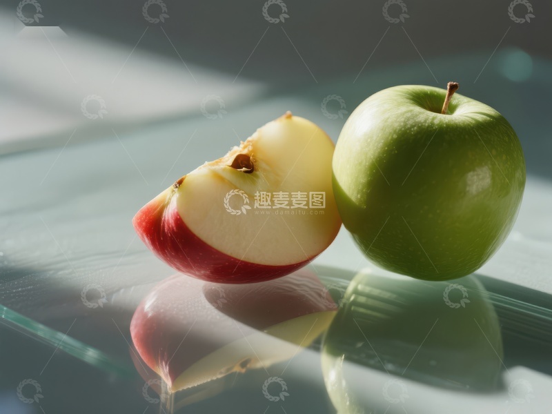 高清大图下载【趣麦麦图】切开的红苹果与完整的青苹果
