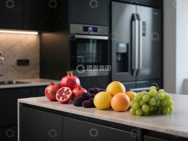 高清大图下载【趣麦麦图】现代厨房岛台上的新鲜水果