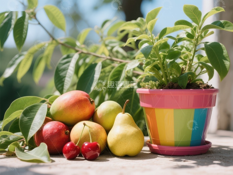 高清大图下载【趣麦麦图】新鲜水果与盆栽植物的户外场景