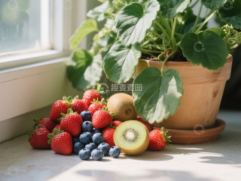 高清大图下载【趣麦麦图】窗边新鲜水果与绿植