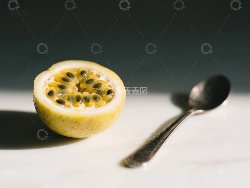 高清大图下载【趣麦麦图】切开的百香果与银勺