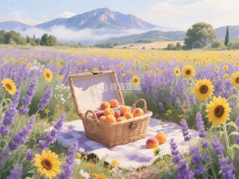 高清大图下载【趣麦麦图】-薰衣草田中的野餐篮