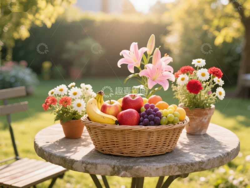 高清大图下载【趣麦麦图】花园桌上水果篮与鲜花
