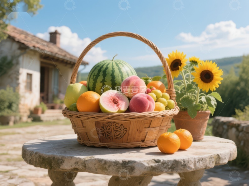 高清大图下载【趣麦麦图】夏日果园：篮中水果与向日葵