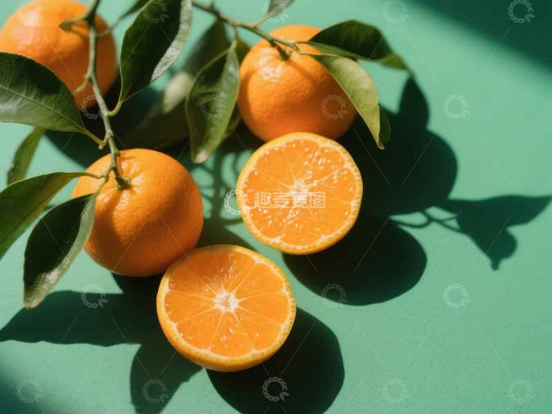 高清大图下载【趣麦麦图】新鲜橙子与绿叶在阳光下的特写