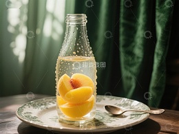 玻璃瓶中的桃片与气泡水