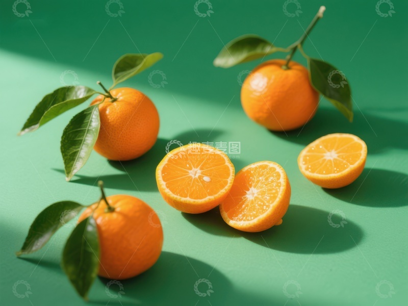 高清大图下载【趣麦麦图】新鲜橙子与绿叶在绿色背景上