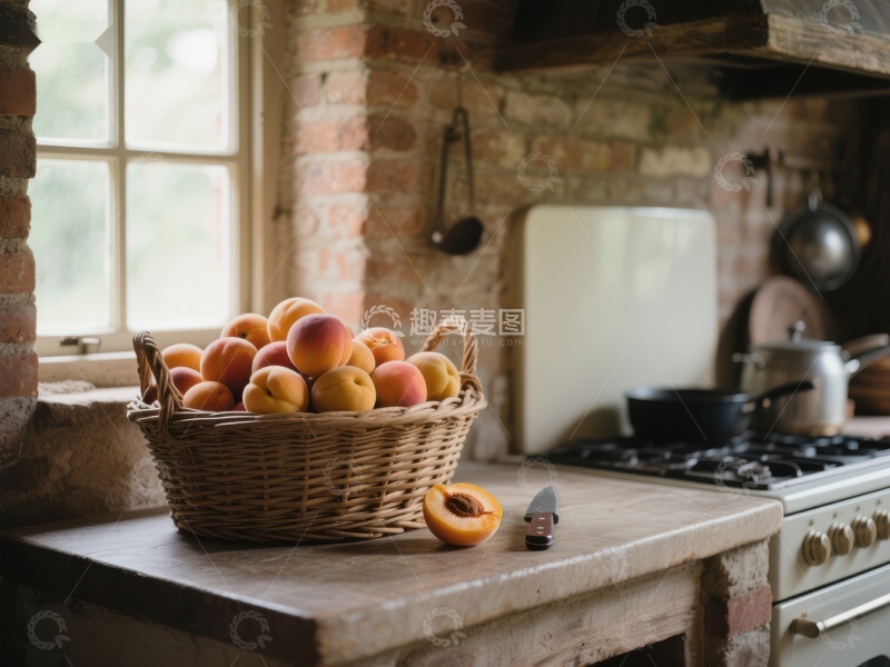 高清大图下载【趣麦麦图】厨房台面上的杏子篮
