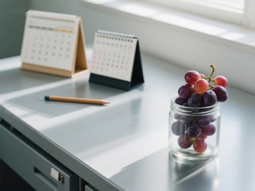 办公桌上的日历与葡萄