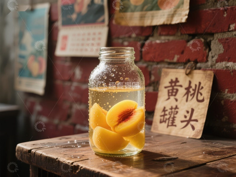 高清大图下载【趣麦麦图】玻璃罐中的黄桃与砖墙背景