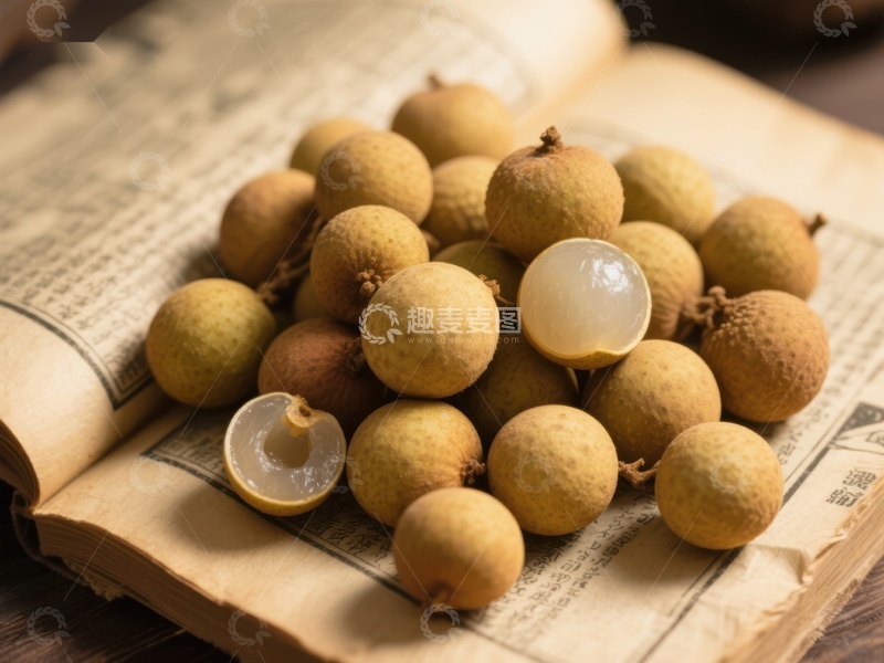 高清大图下载【趣麦麦图】龙眼果堆放在古书上