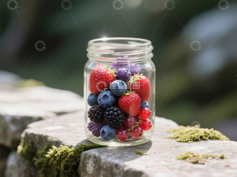 高清大图下载【趣麦麦图】玻璃罐中的新鲜混合浆果