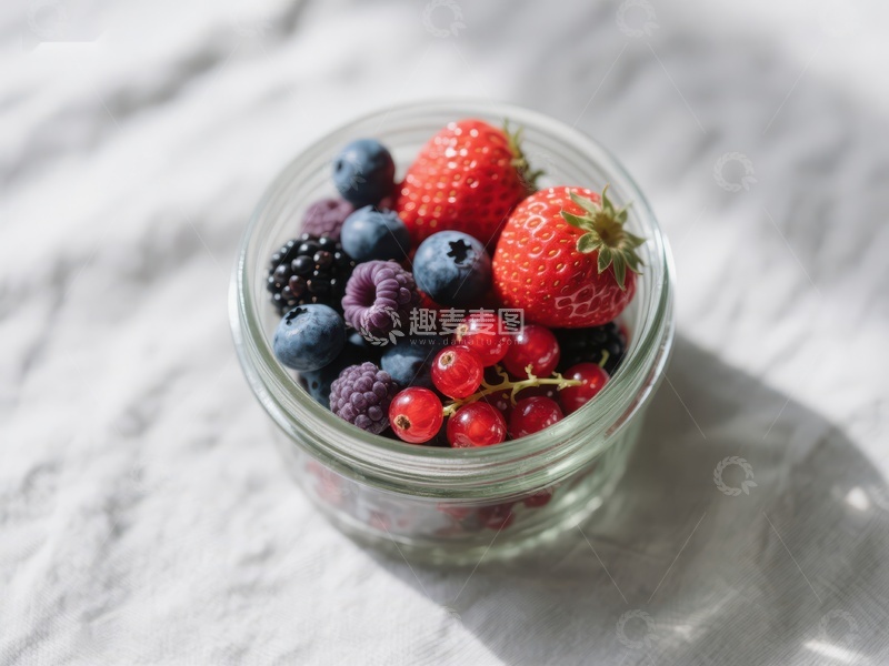 高清大图下载【趣麦麦图】玻璃罐中的新鲜混合浆果