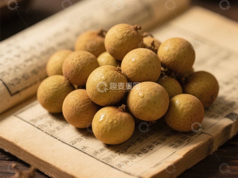 高清大图下载【趣麦麦图】龙眼果堆放在古书上
