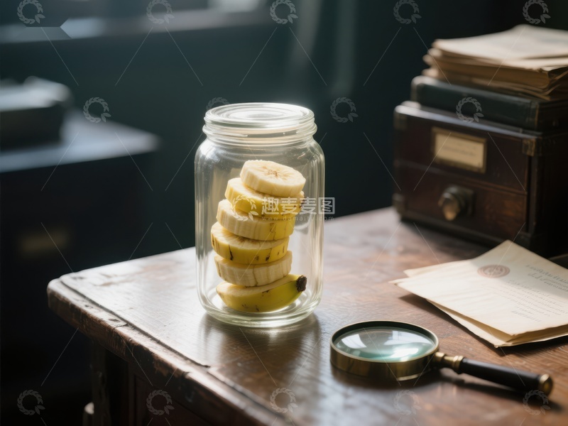 高清大图下载【趣麦麦图】玻璃罐中的香蕉片与放大镜