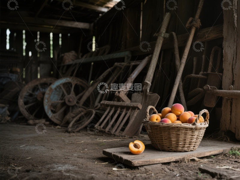高清大图下载【趣麦麦图】旧仓库里的水果篮与农具