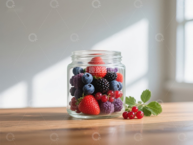 高清大图下载【趣麦麦图】玻璃罐中的新鲜混合浆果