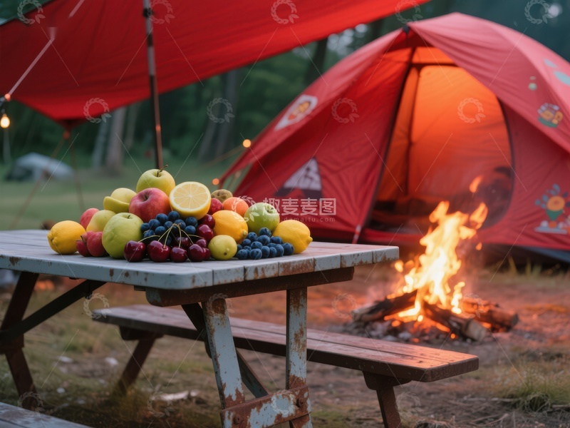 高清大图下载【趣麦麦图】露营野餐：水果与篝火相伴