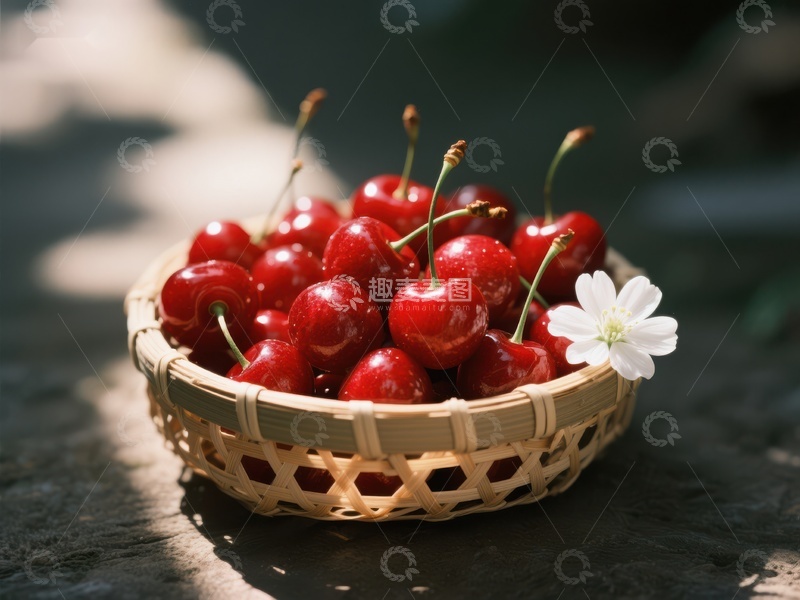高清大图下载【趣麦麦图】竹篮中的樱桃与白花