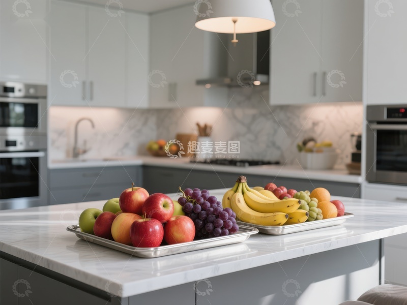 高清大图下载【趣麦麦图】现代厨房岛台上的新鲜水果