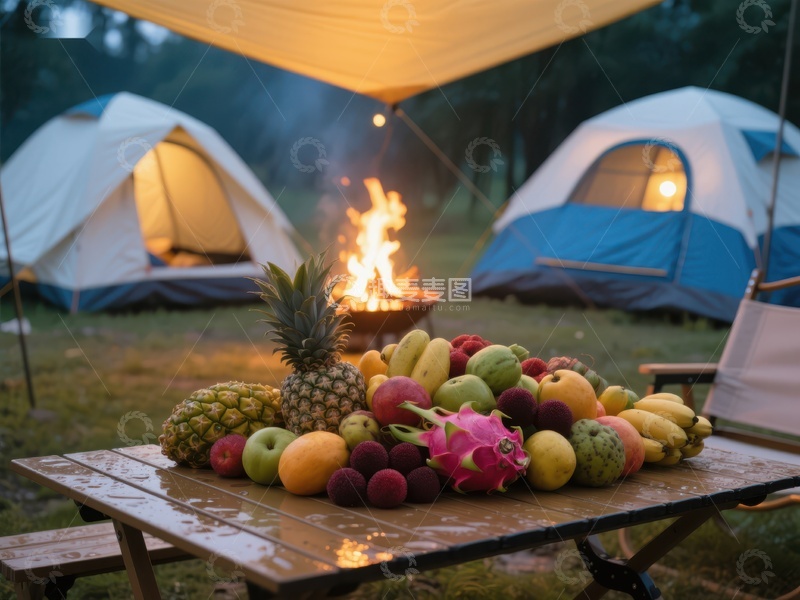 高清大图下载【趣麦麦图】露营夜景：篝火旁的水果盛宴