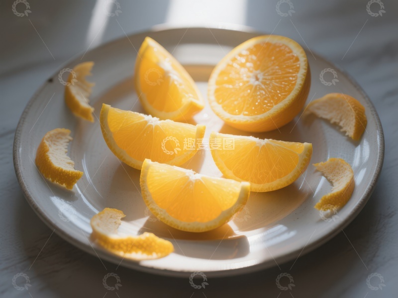 高清大图下载【趣麦麦图】切片橙子置于白色盘中