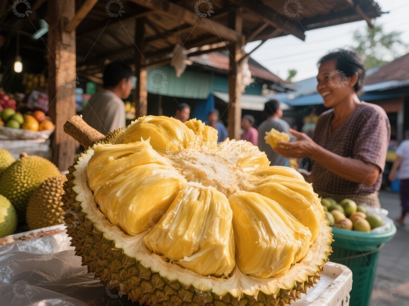 高清大图下载【趣麦麦图】市场摊位上的新鲜菠萝蜜