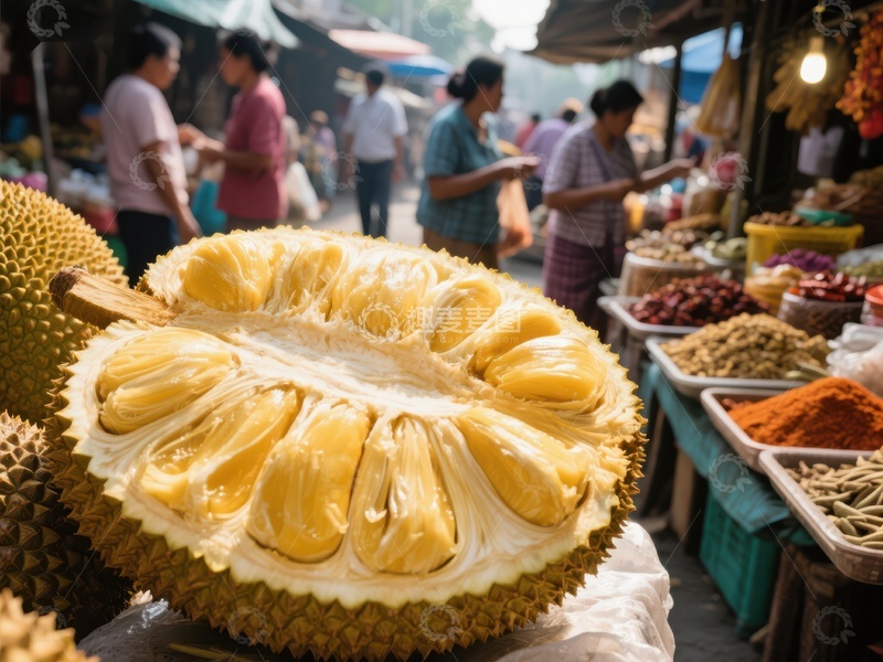 高清大图下载【趣麦麦图】市场中的新鲜榴莲展示