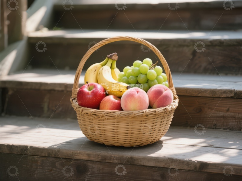 高清大图下载【趣麦麦图】篮子里的水果放在木制台阶上